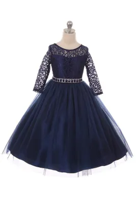 Couture Diamond design dress 3/4 lace sleeve Navy Blue
