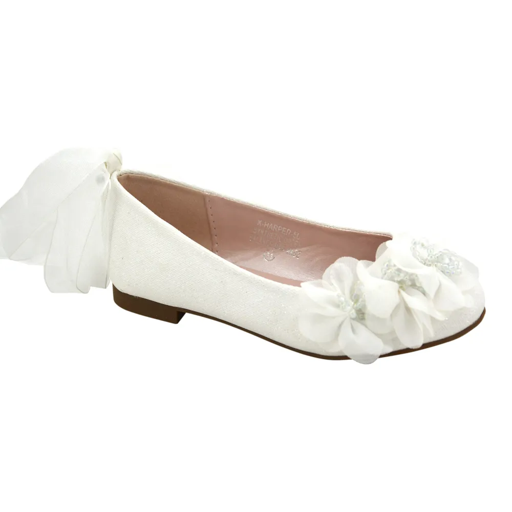 Girls Fancy White Ribbon Flat