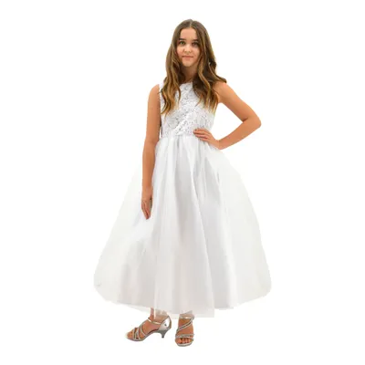 Paparazzi White Top Lace Communion Dress with Embellished diamond waist