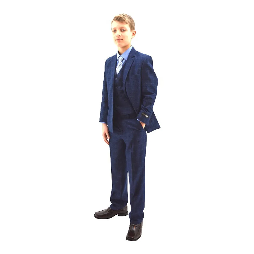 Ronaldo Blue Wool-Blend Plaid Skinny Designer 5 pc Suit