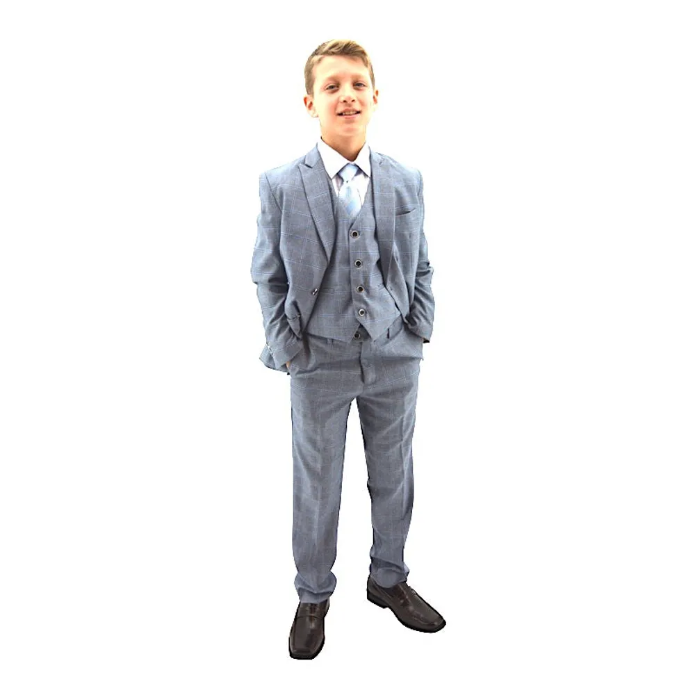 Designer Blue Plaid Double Breasted Boys Suit