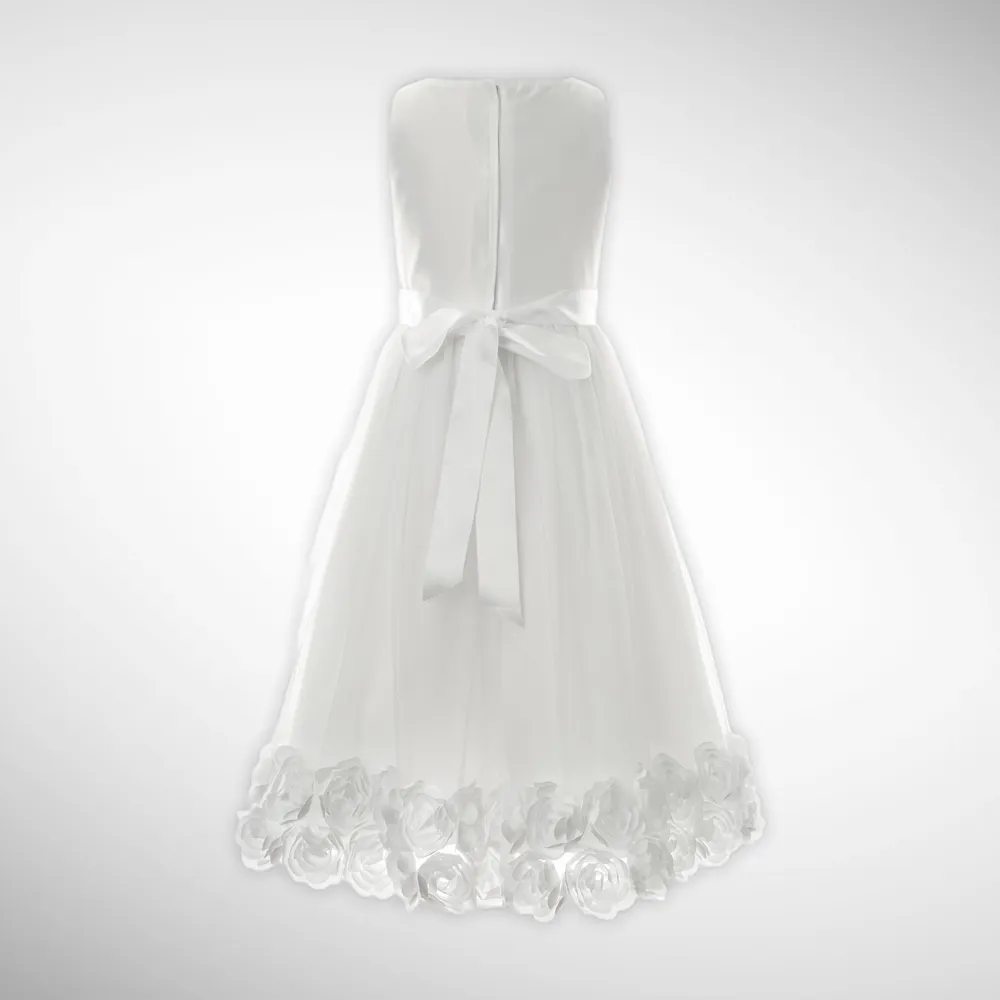 Designer White  Satin Flower Crested Bodice Dress