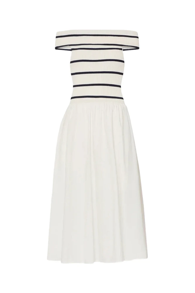 OTS STRIPE KNIT POPLIN MIDI DRESS