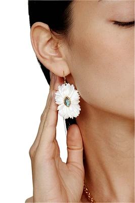 CARVED MOP FLOWER EARRINGS W/LABRADORITE (EG-5777)