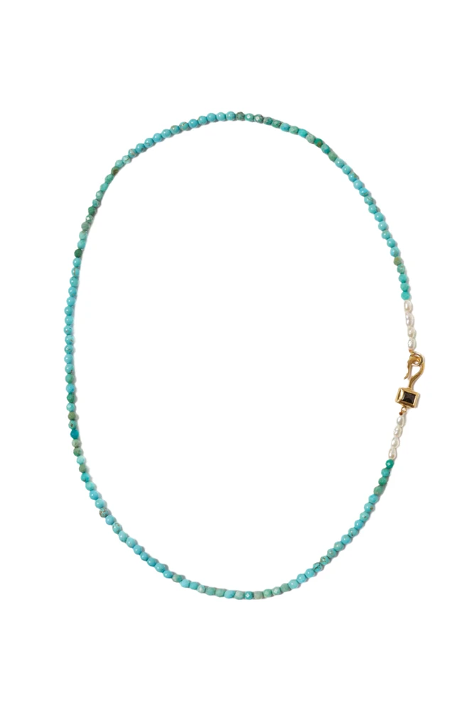 TURQUOISE & PEARL NECKLACE W/HYPERSTHENE HOOK (NG-14922)