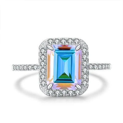 Glisten Aurora Borealis Halo Emerald-Cut Ring Sterling Silver
