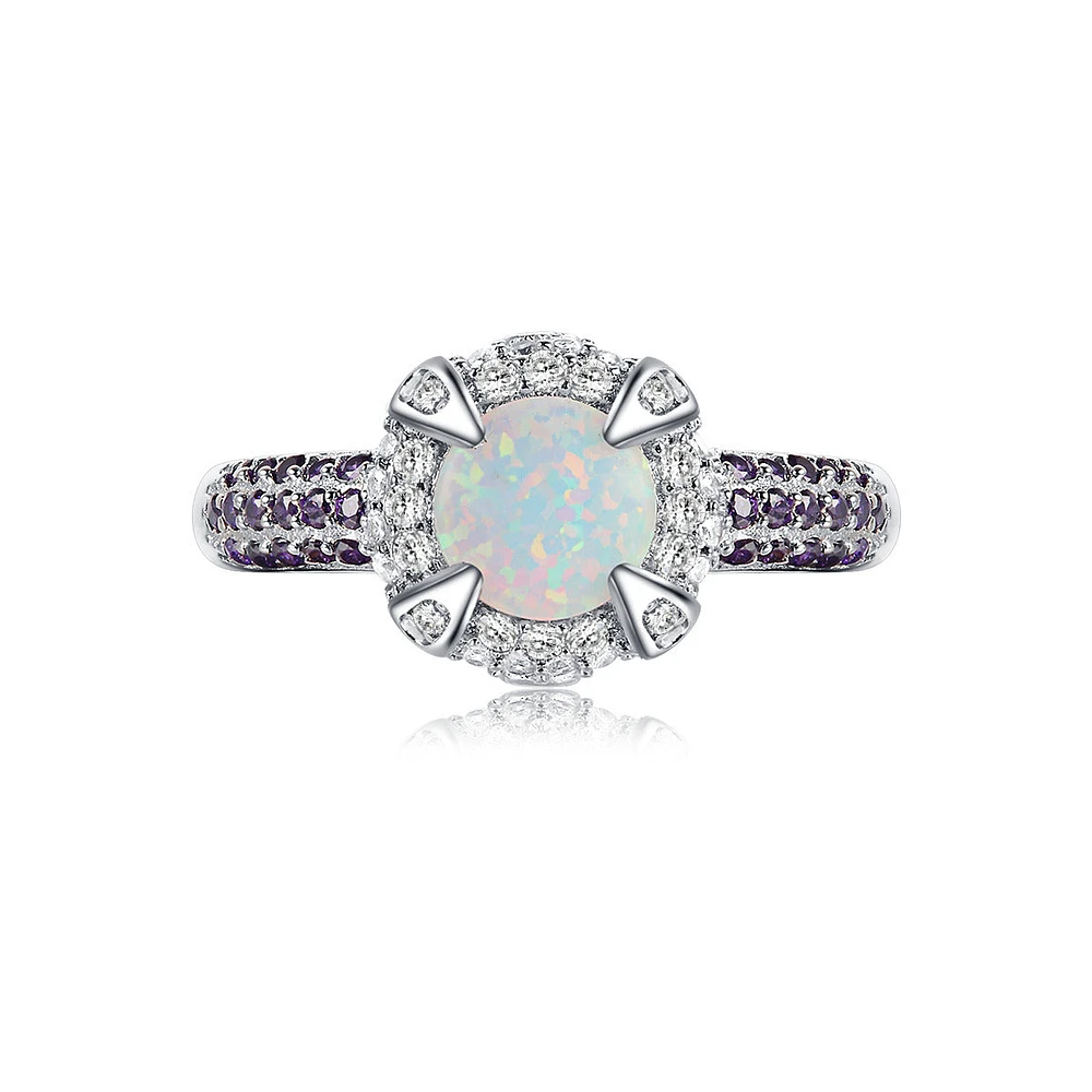 Aglow Opal Halo Round-Cut Ring Sterling Silver