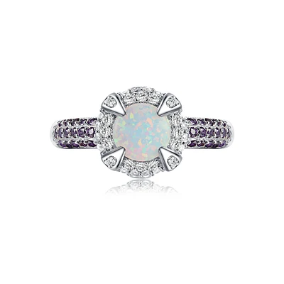 Aglow Opal Halo Round-Cut Ring Sterling Silver