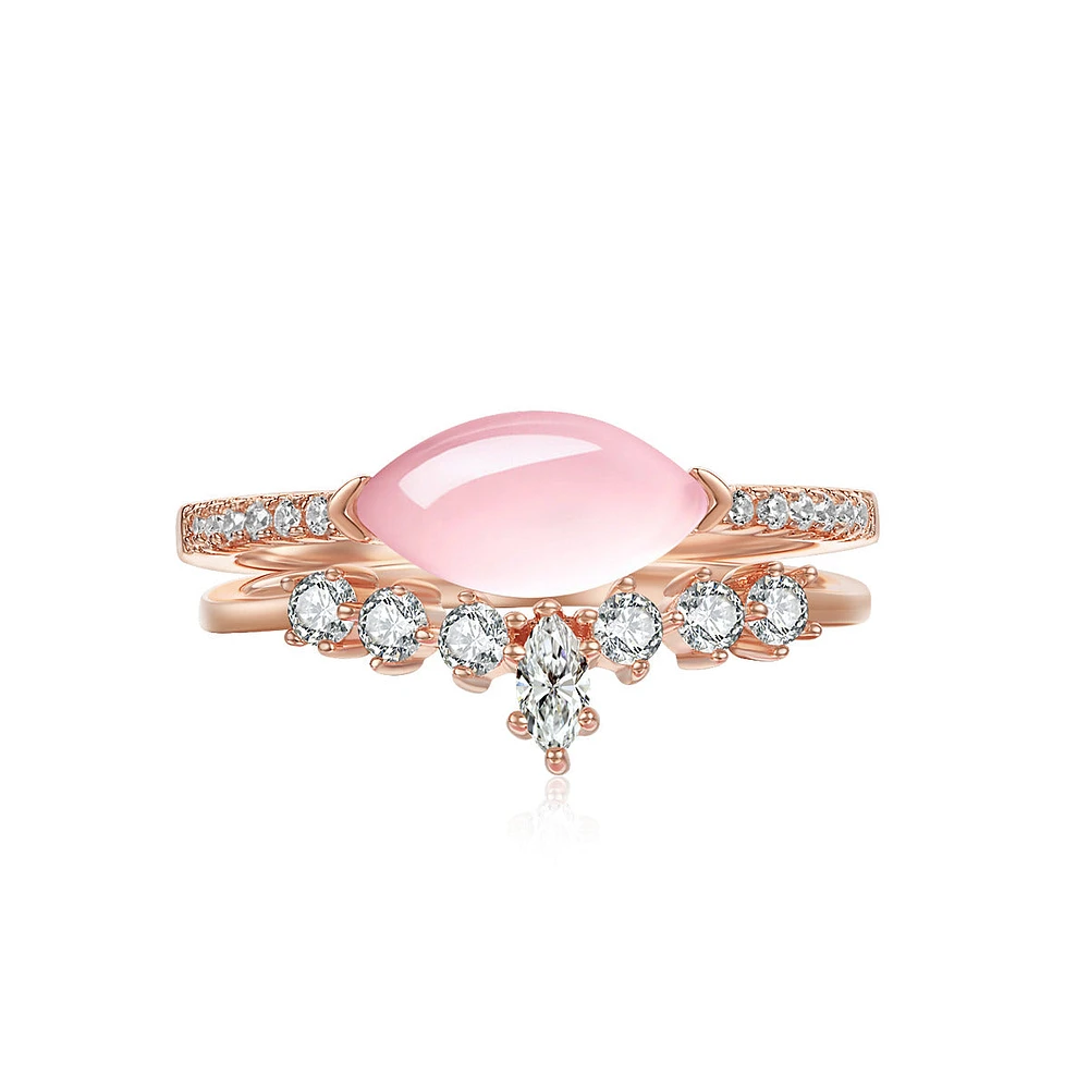 Darling Natural Rose Quartz East-West Horizontal Oval-Cut Sterling Silver Two-Piece Stackable Ring Set Gold