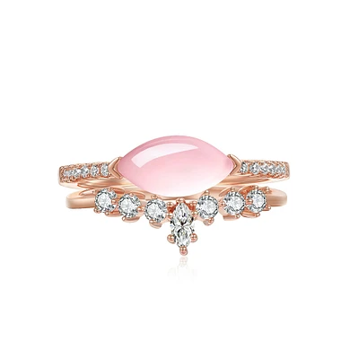 Darling Natural Rose Quartz East-West Horizontal Oval-Cut Sterling Silver Two-Piece Stackable Ring Set Gold