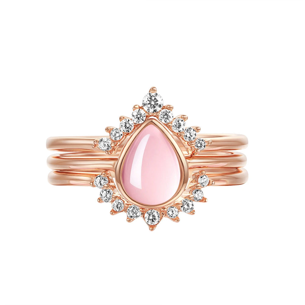 Everafter Natural Rose Quartz Oval-Cut Sterling Silver Three-Piece Stackable Ring Set Gold