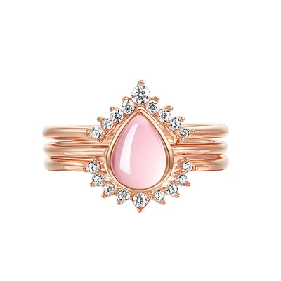 Everafter Natural Rose Quartz Oval-Cut Sterling Silver Three-Piece Stackable Ring Set Gold