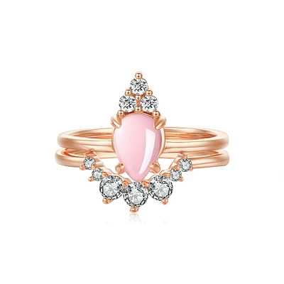 Adore Natural Rose Quartz Pear-Cut Sterling Silver Two-Piece Stackable Ring Set Gold
