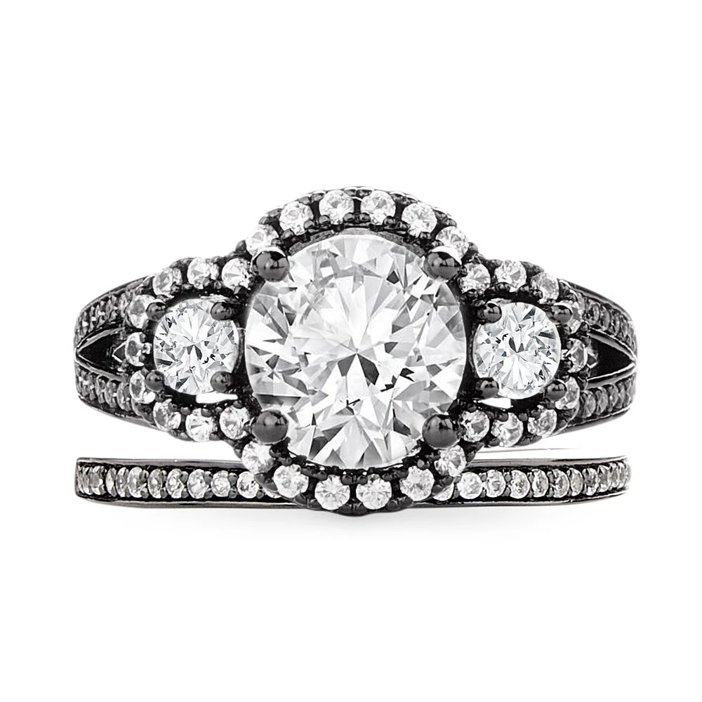 Trinity Three Stone Eternity Round Cut Sterling Silver Ring Set Black Gold
