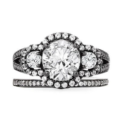 Trinity Three Stone Eternity Round Cut Sterling Silver Ring Set Black Gold