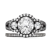 Trinity Three Stone Eternity Round Cut Sterling Silver Ring Set Black Gold