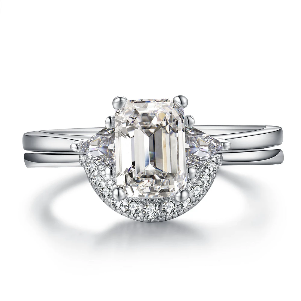 Victoria Classic Three Stone Emerald Two Piece Ring Set Sterling Silver