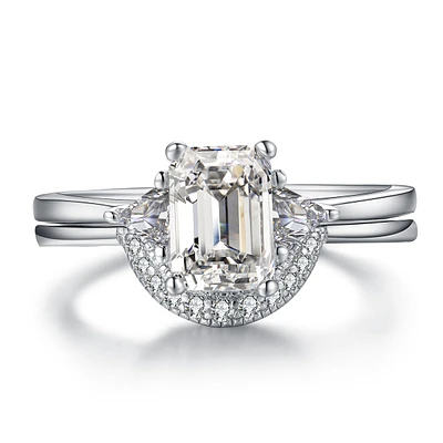 Victoria Classic Three Stone Emerald Two Piece Ring Set Sterling Silver