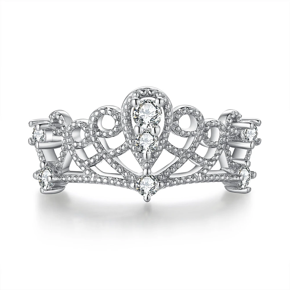 Belle Princess Crown Tiara Pear Cut Lab Created White Sapphire Ring Sterling Silver