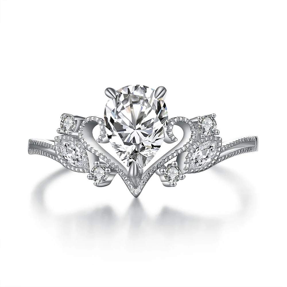 Inspire Princess Crown Tiara Pear Lab Created White Sapphire Ring Sterling Silver