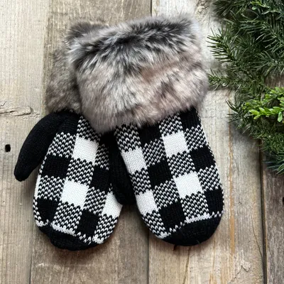 PLAID FUR CUFF MITTS