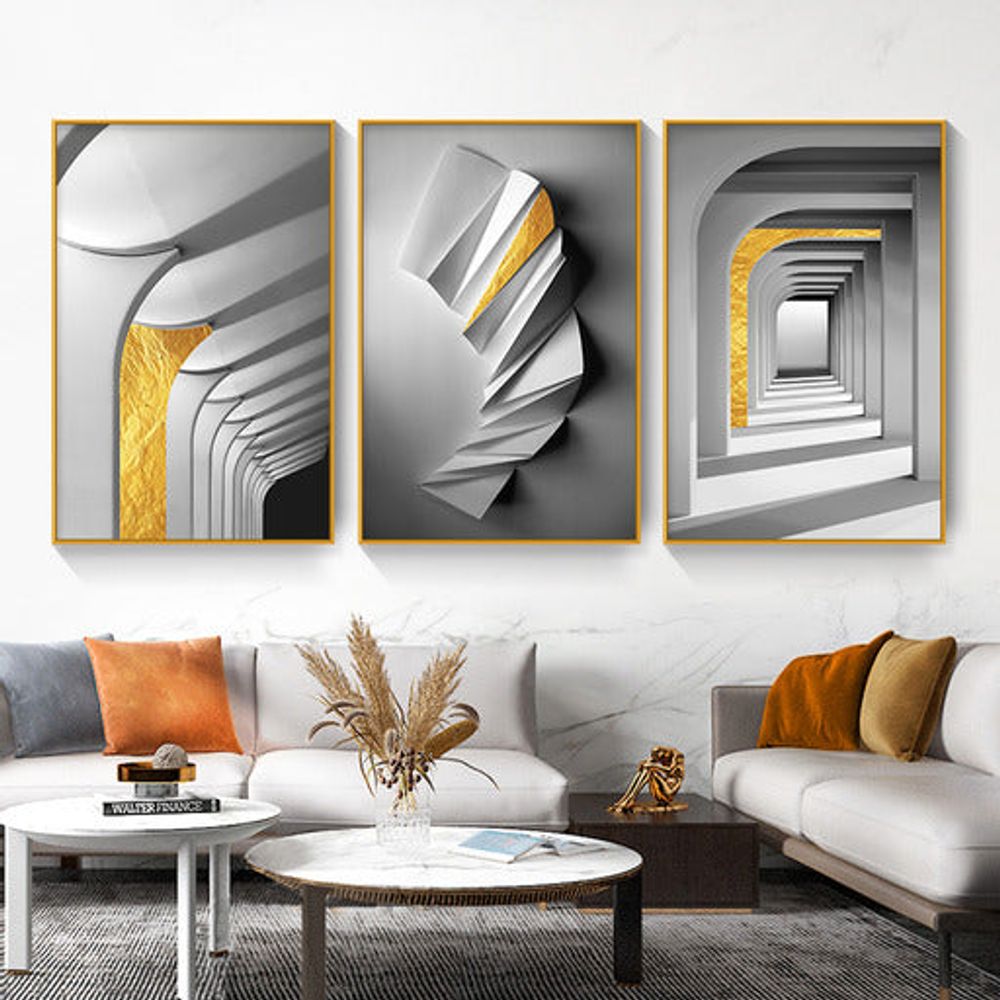 Quantum Set of 3 Alloy Matt - Golden Frame Wall Art