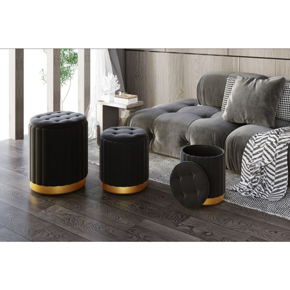 Tobi 3pc Storage Ottoman Set in Black & Gold