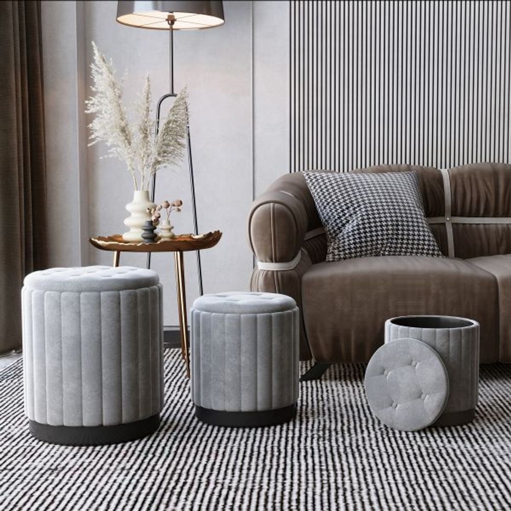 Tobi 3pc Storage Ottoman Set in Grey & Black