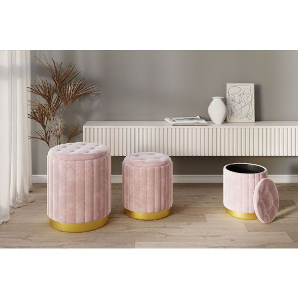 Tobi 3pc Storage Ottoman Set in Blush & Gold