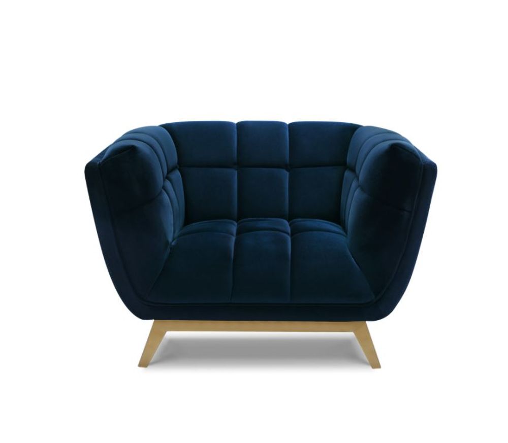 Yaletown Mid Century Tufted Fabric Accent Chair Gold Legs -Dark Blue