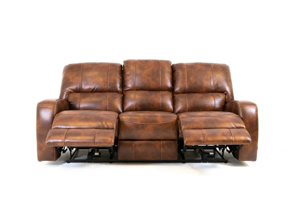 Renault Power Reclining Sofa with Power Headrest - Brown Bark Leather Gel