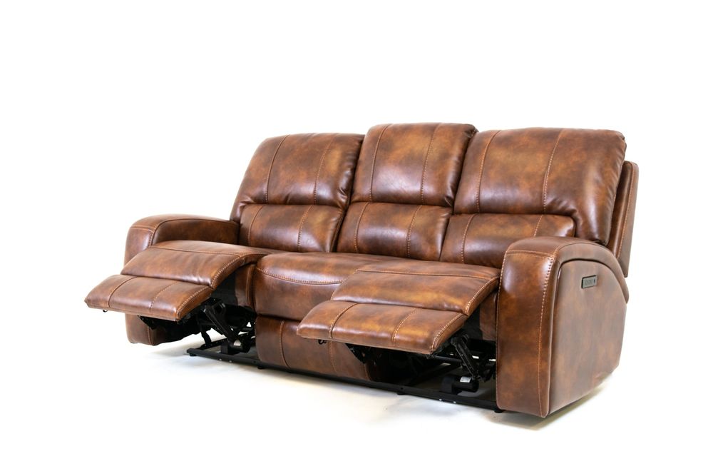 Renault Power Reclining Sofa with Power Headrest - Brown Bark Leather Gel