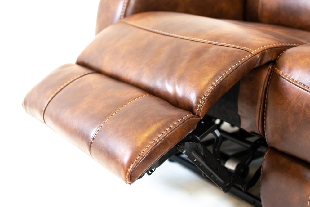 Renault Power Reclining Sofa with Power Headrest - Brown Bark Leather Gel