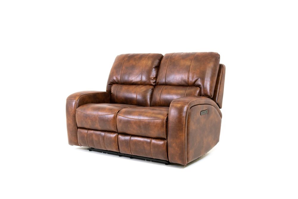 Renault Power Reclining Loveseat  with Power Headrest- Brown Bark Leather Gel