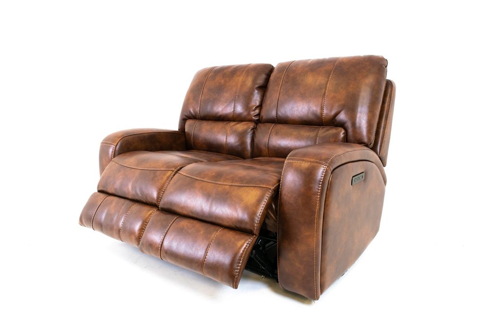 Renault Power Reclining Loveseat  with Power Headrest- Brown Bark Leather Gel