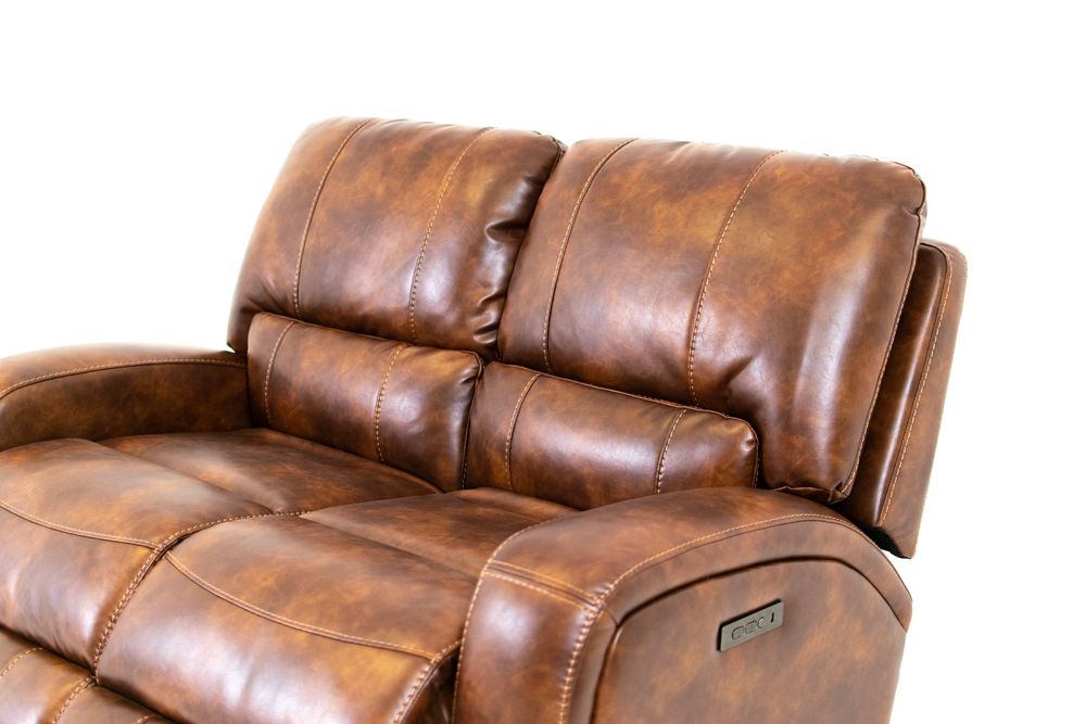 Renault Power Reclining Loveseat  with Power Headrest- Brown Bark Leather Gel