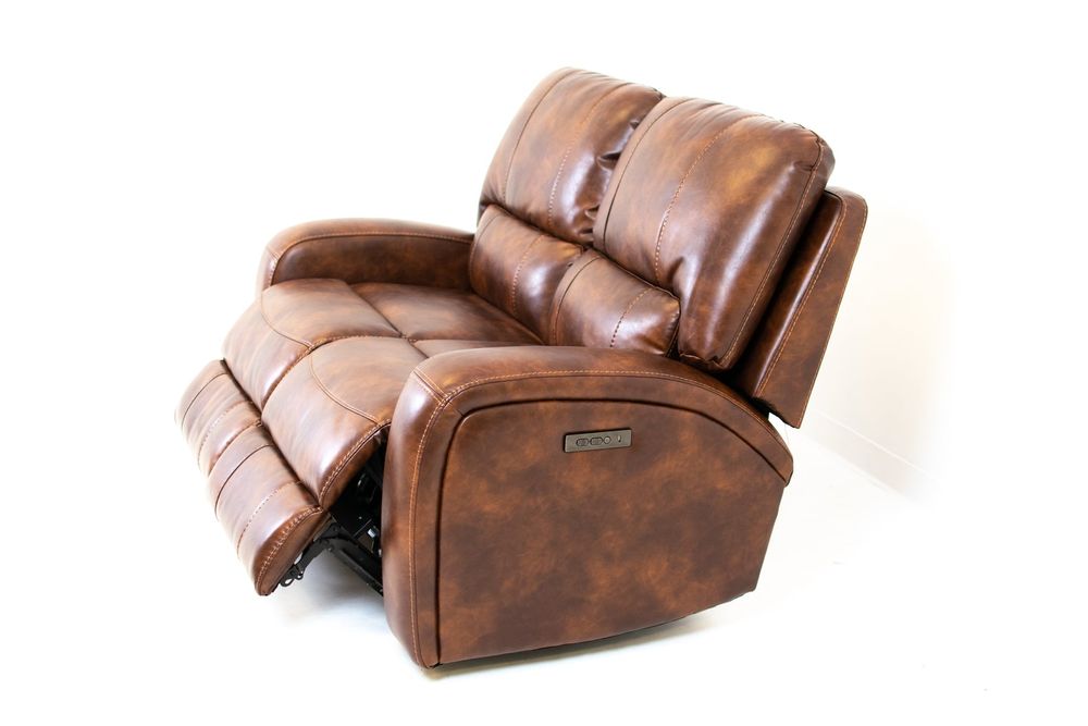 Renault Power Reclining Loveseat  with Power Headrest- Brown Bark Leather Gel