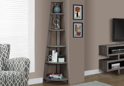 BOOKCASE - 71"H / DARK TAUPE CORNER ACCENT ETAGERE - I 2497