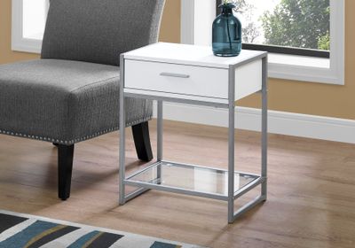 ACCENT TABLE - 22"H / WHITE/ SILVER METAL/ TEMPERED GLASS - I 3503