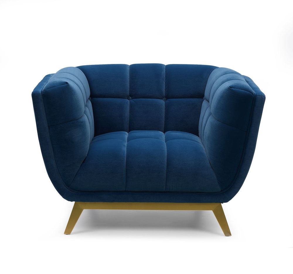 Yaletown Mid Century Tufted Fabric Accent Chair Gold Legs -Velvet Blue #29