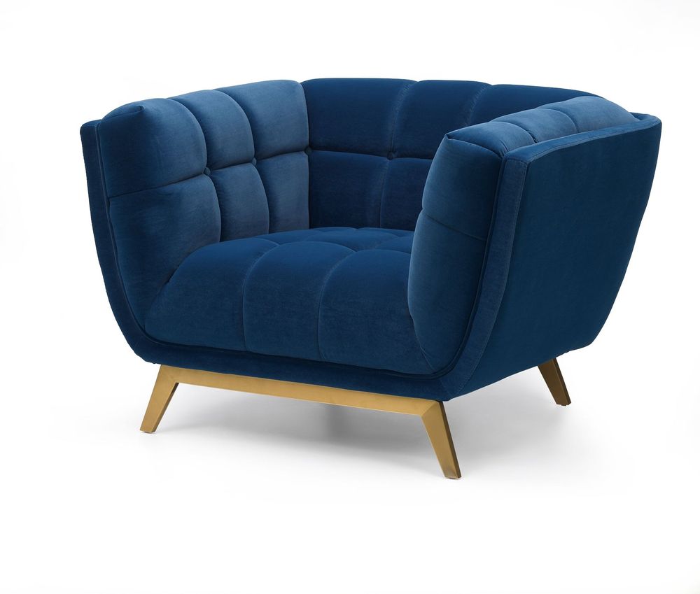 Yaletown Mid Century Tufted Fabric Accent Chair Gold Legs -Velvet Blue #29