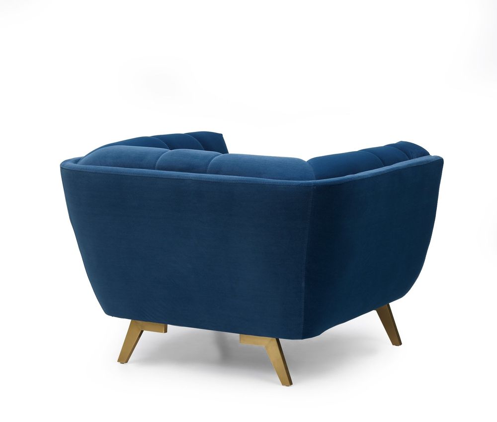 Yaletown Mid Century Tufted Fabric Accent Chair Gold Legs -Velvet Blue #29