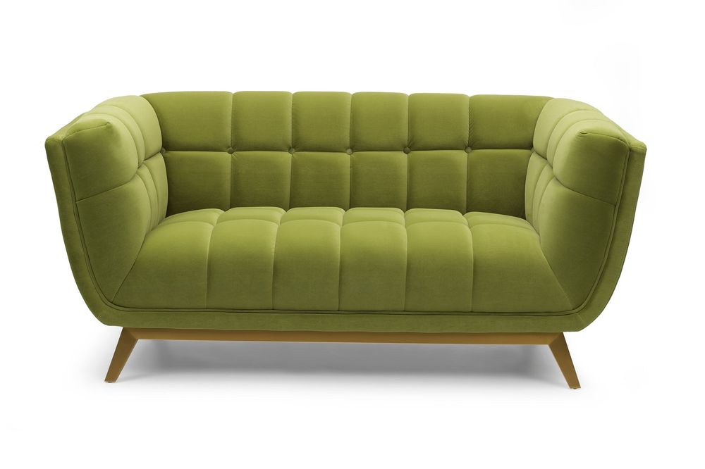 Yaletown Mid Century Tufted fabric Loveseat Golden Legs- Velvet Moss Green #14