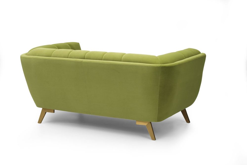 Yaletown Mid Century Tufted fabric Loveseat Golden Legs- Velvet Moss Green #14