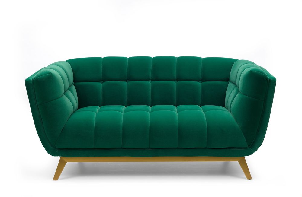 Yaletown Mid Century Tufted fabric Loveseat Golden Legs- Emerald  #23