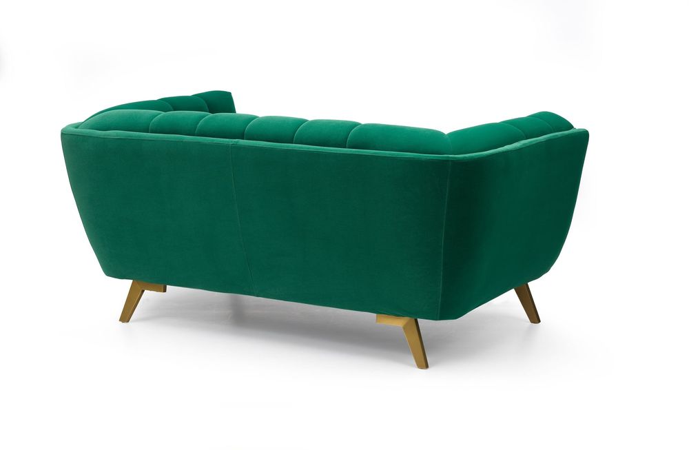 Yaletown Mid Century Tufted fabric Loveseat Golden Legs- Emerald  #23