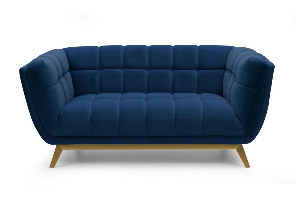 Yaletown Mid Century Tufted fabric Loveseat Golden Legs- Velvet Blue  #29