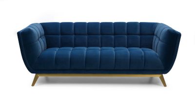 Yaletown Mid Century Tufted Fabric Sofa  With Golden Legs- Velvet Blue #29