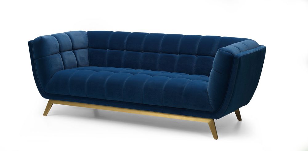 Yaletown Mid Century Tufted Fabric Sofa  With Golden Legs- Velvet Blue #29