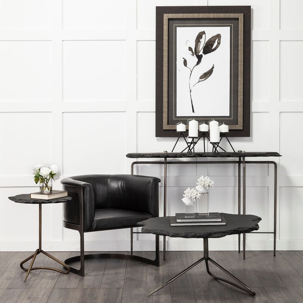 Pinera II 19L x 19W Black Slate Top W/ Triangular Iron Base Accent Table